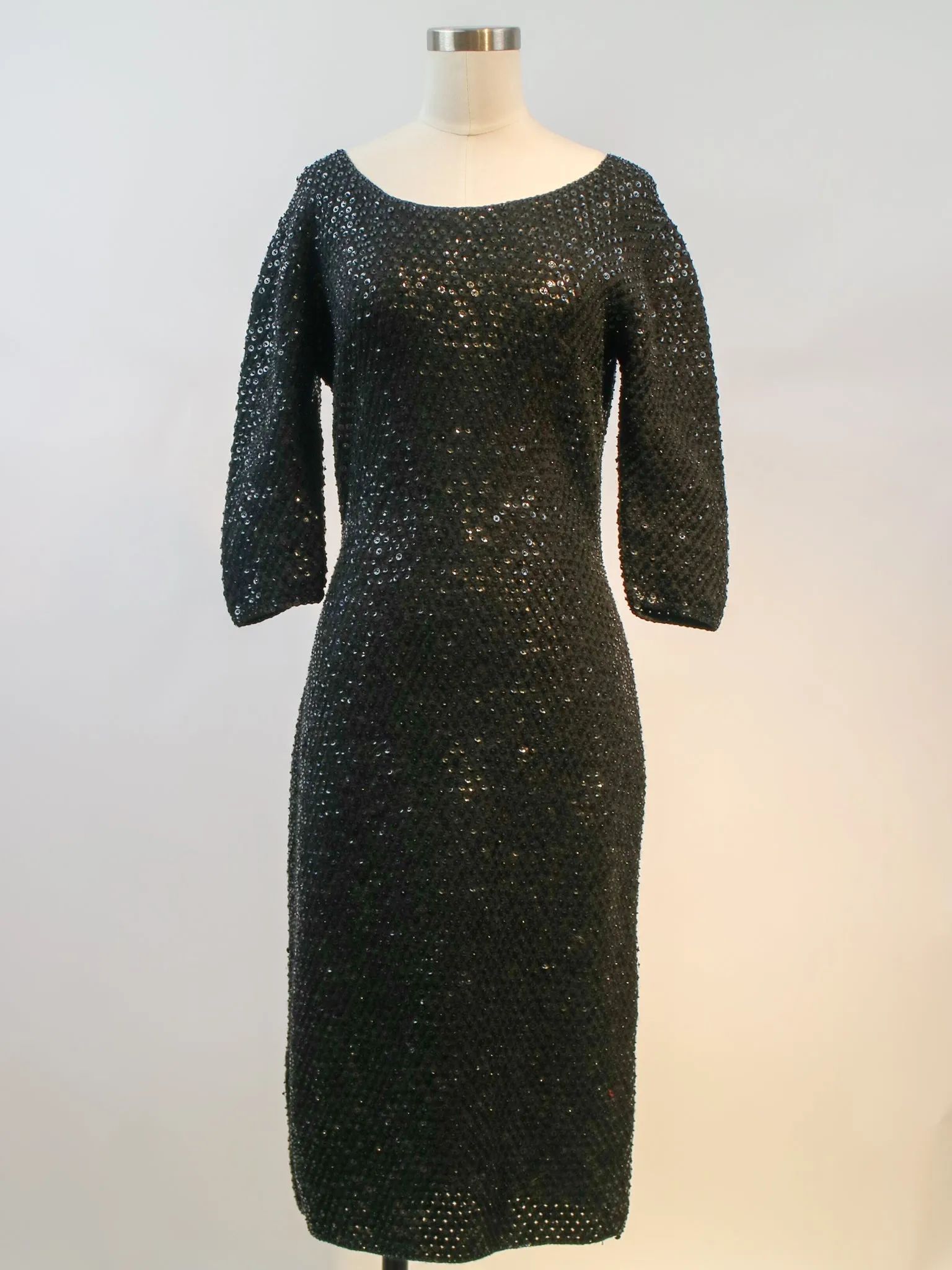 1960s Black Knit Sequin Wiggle Cocktail Dress