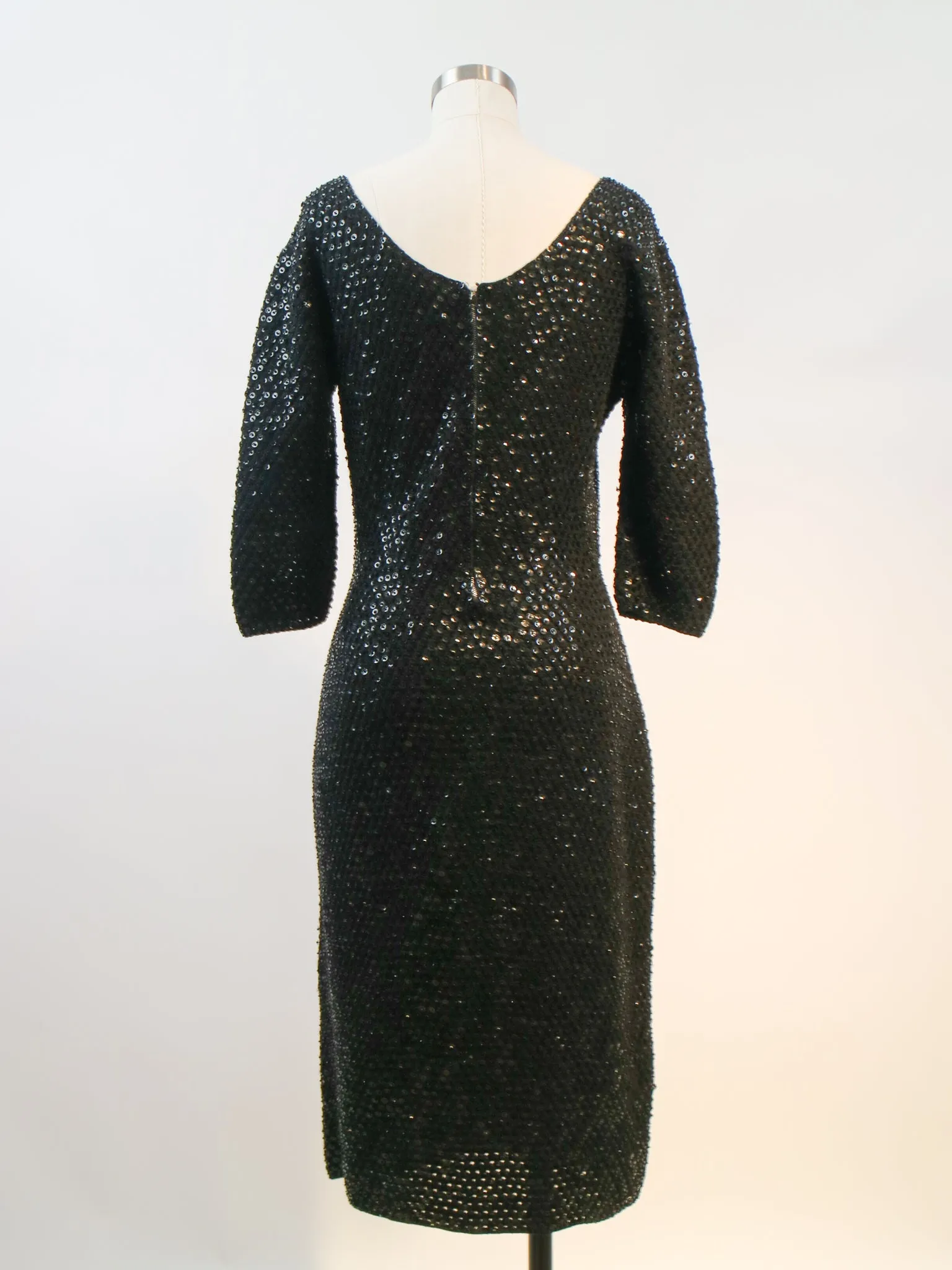 1960s Black Knit Sequin Wiggle Cocktail Dress