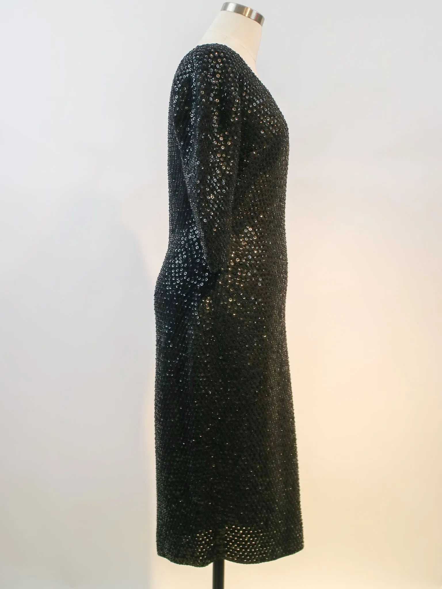 1960s Black Knit Sequin Wiggle Cocktail Dress