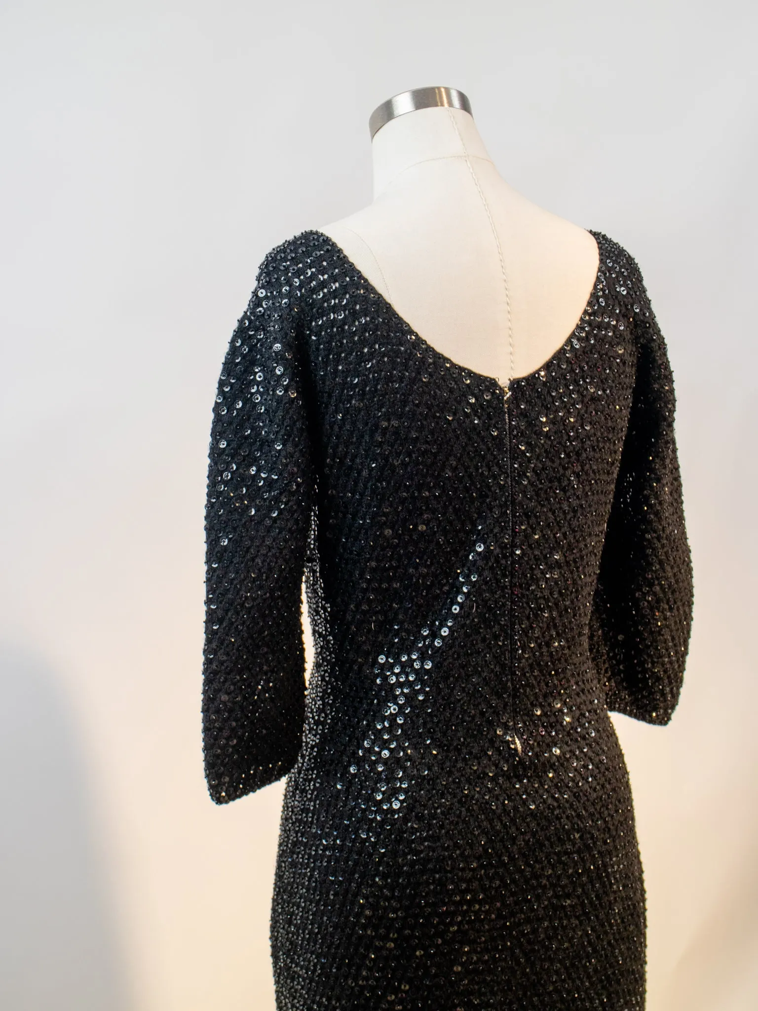 1960s Black Knit Sequin Wiggle Cocktail Dress