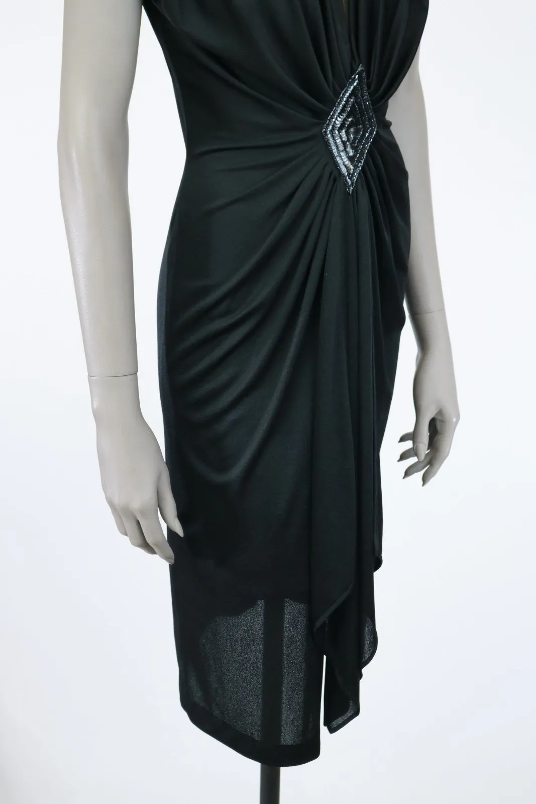 1980s Black Plunging Draped Dress