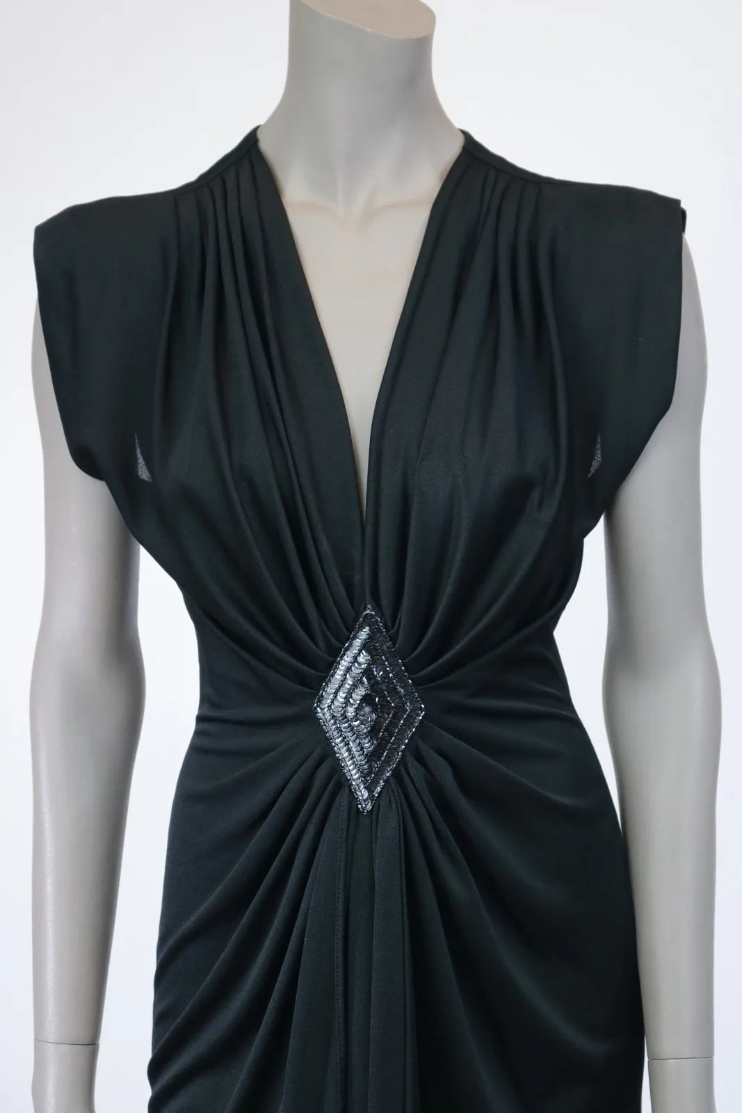 1980s Black Plunging Draped Dress