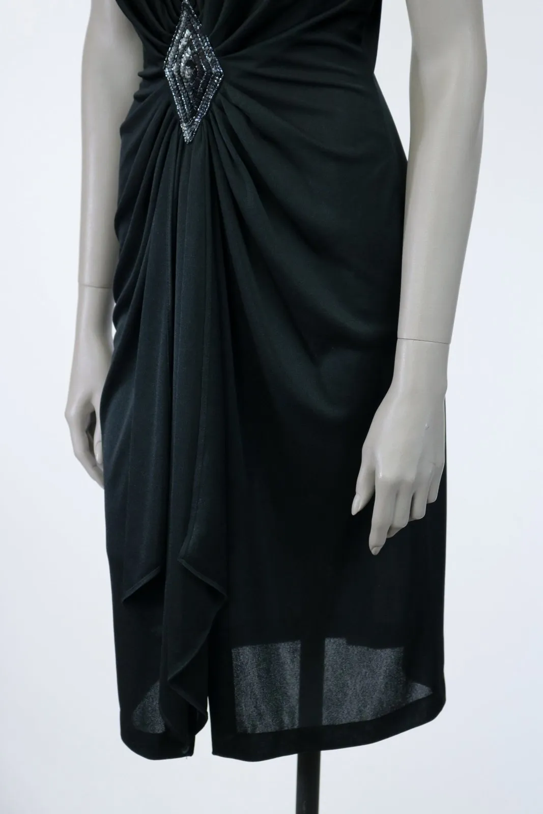 1980s Black Plunging Draped Dress