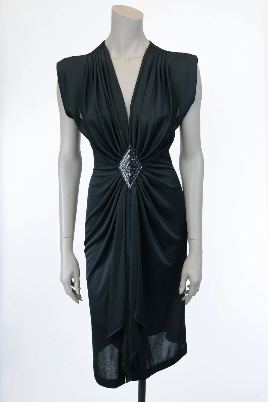 1980s Black Plunging Draped Dress