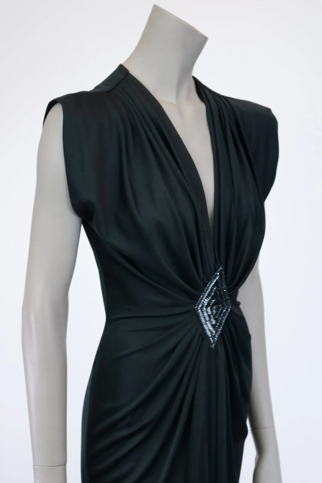 1980s Black Plunging Draped Dress