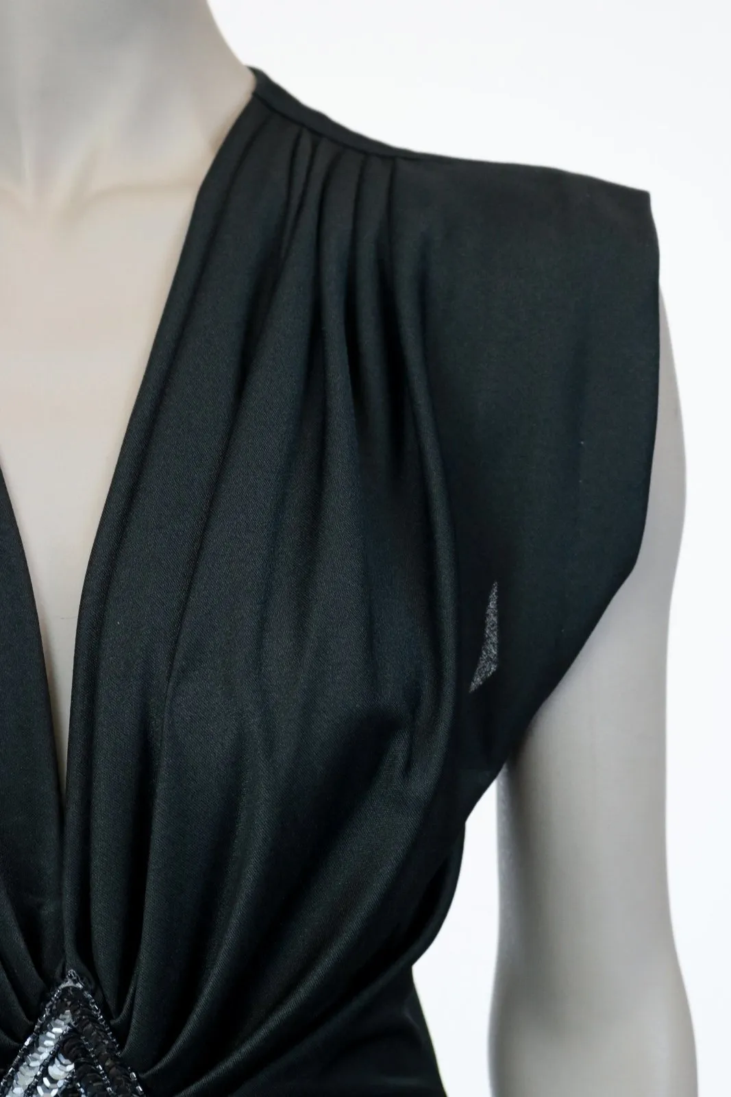 1980s Black Plunging Draped Dress