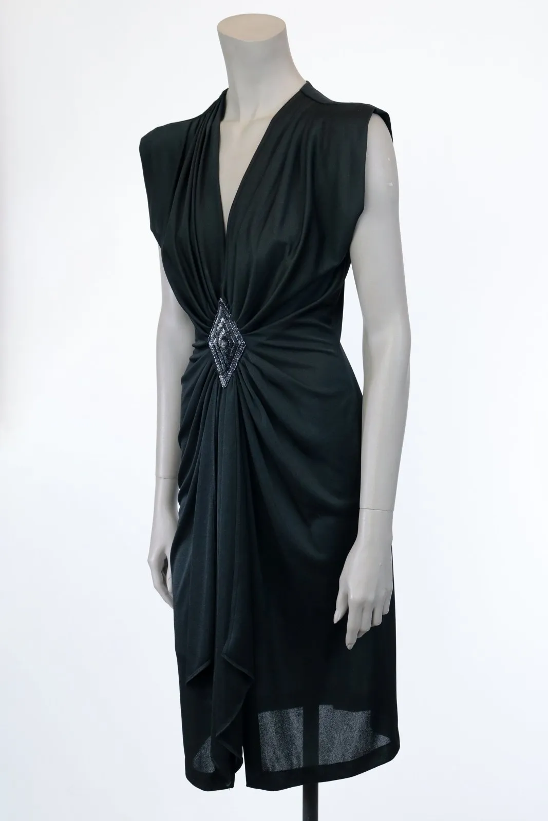 1980s Black Plunging Draped Dress