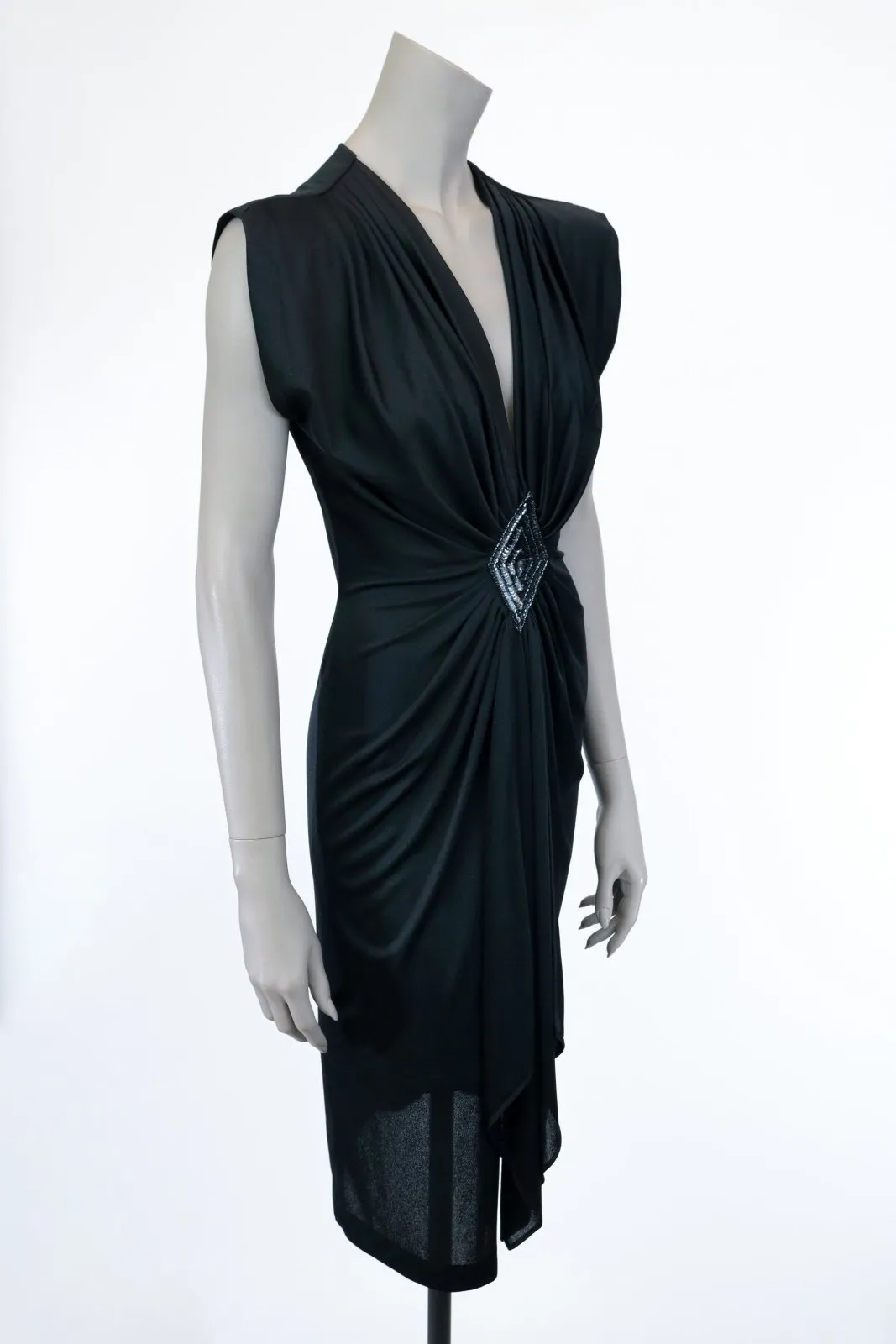 1980s Black Plunging Draped Dress