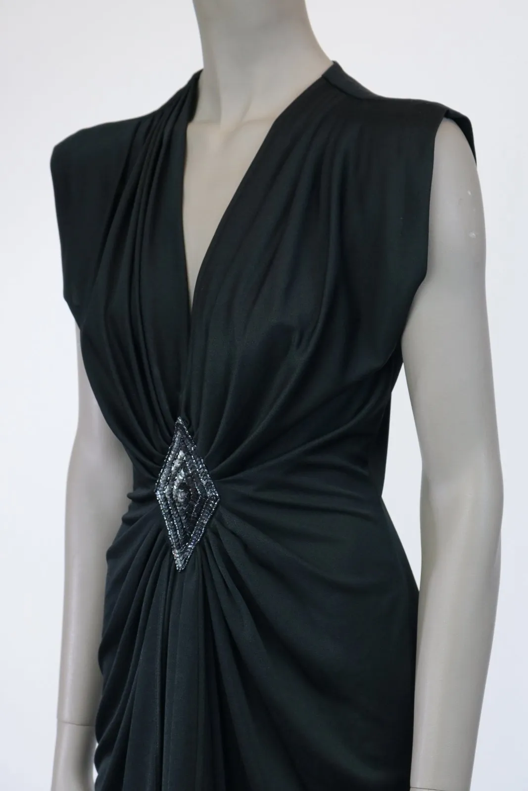 1980s Black Plunging Draped Dress