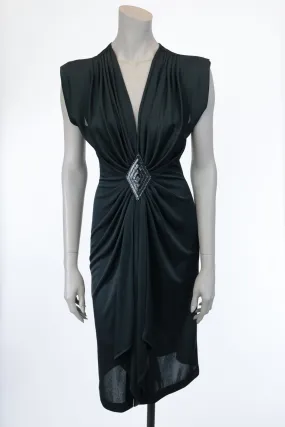 1980s Black Plunging Draped Dress