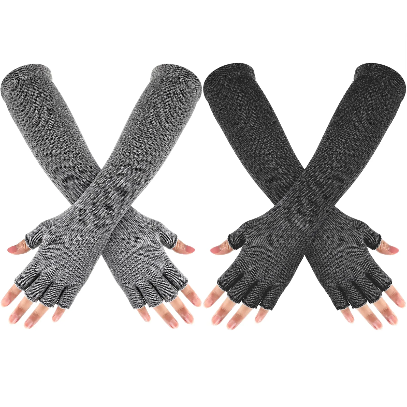 2 Pairs Winter Fingerless Mitten Long thermal Knitted Mittens Stretchy Knit Colored Mittens for Men Women, 11 Inch (Light Gray, Dark Gray)