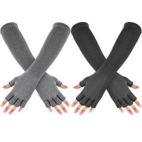 2 Pairs Winter Fingerless Mitten Long thermal Knitted Mittens Stretchy Knit Colored Mittens for Men Women, 11 Inch (Light Gray, Dark Gray)