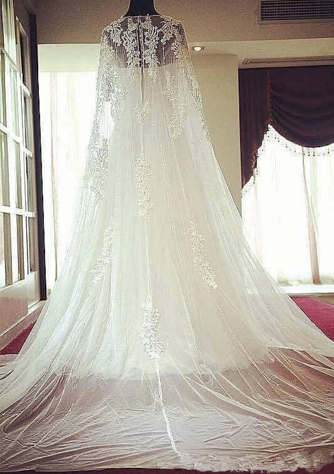 Bateau Beaded A-Line Chapel Tulle Wedding Dress with Cape Cloak, Lace