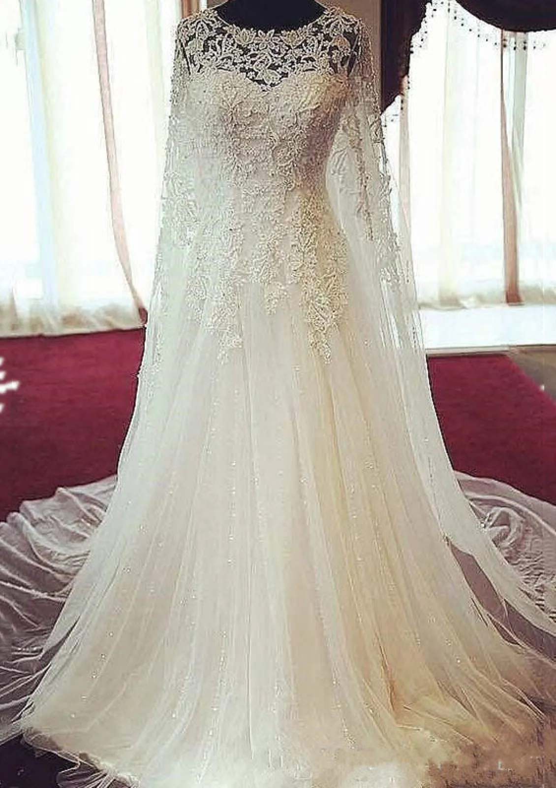 Bateau Beaded A-Line Chapel Tulle Wedding Dress with Cape Cloak, Lace