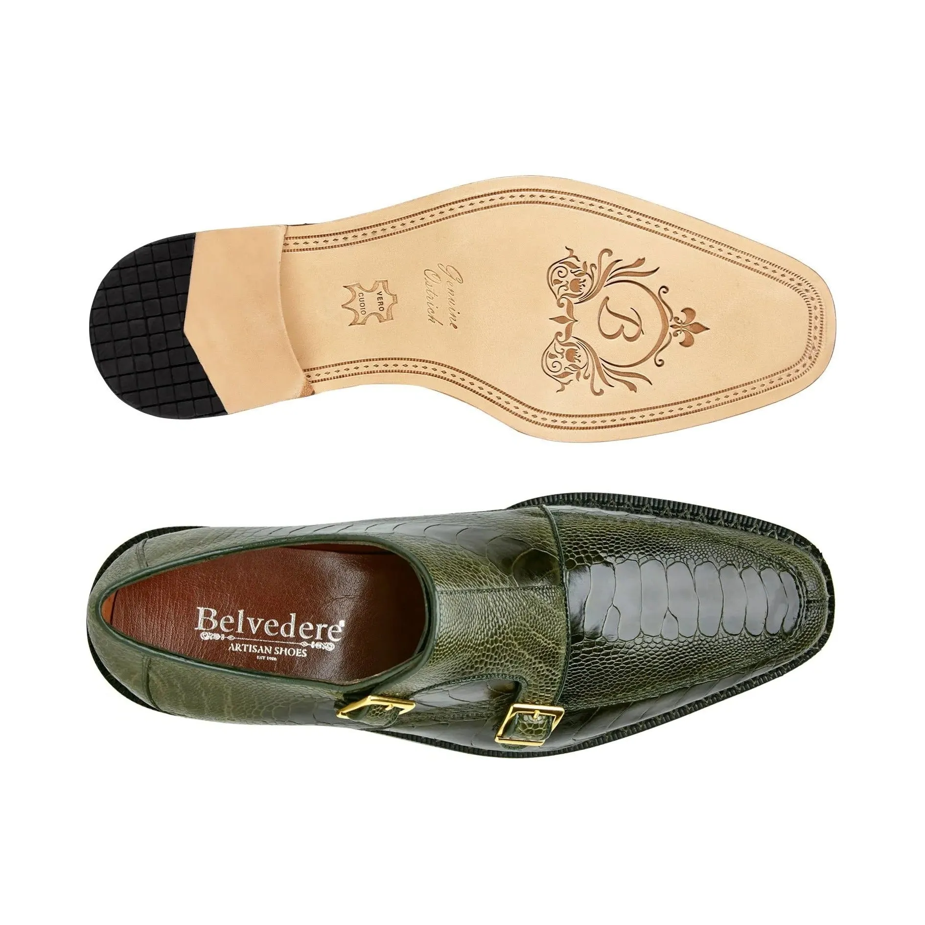 Belvedere Valiente in Antique Forest Ostrich Leg Monkstraps