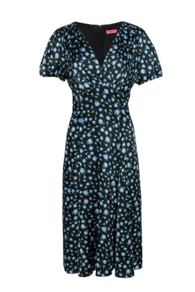 Betsey Johnson - Black & Blue Floral Satin Babydoll Dress Sz 8