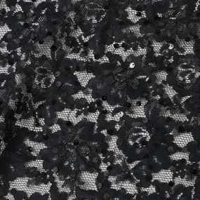 Black lace fabric with black sequins in floral design