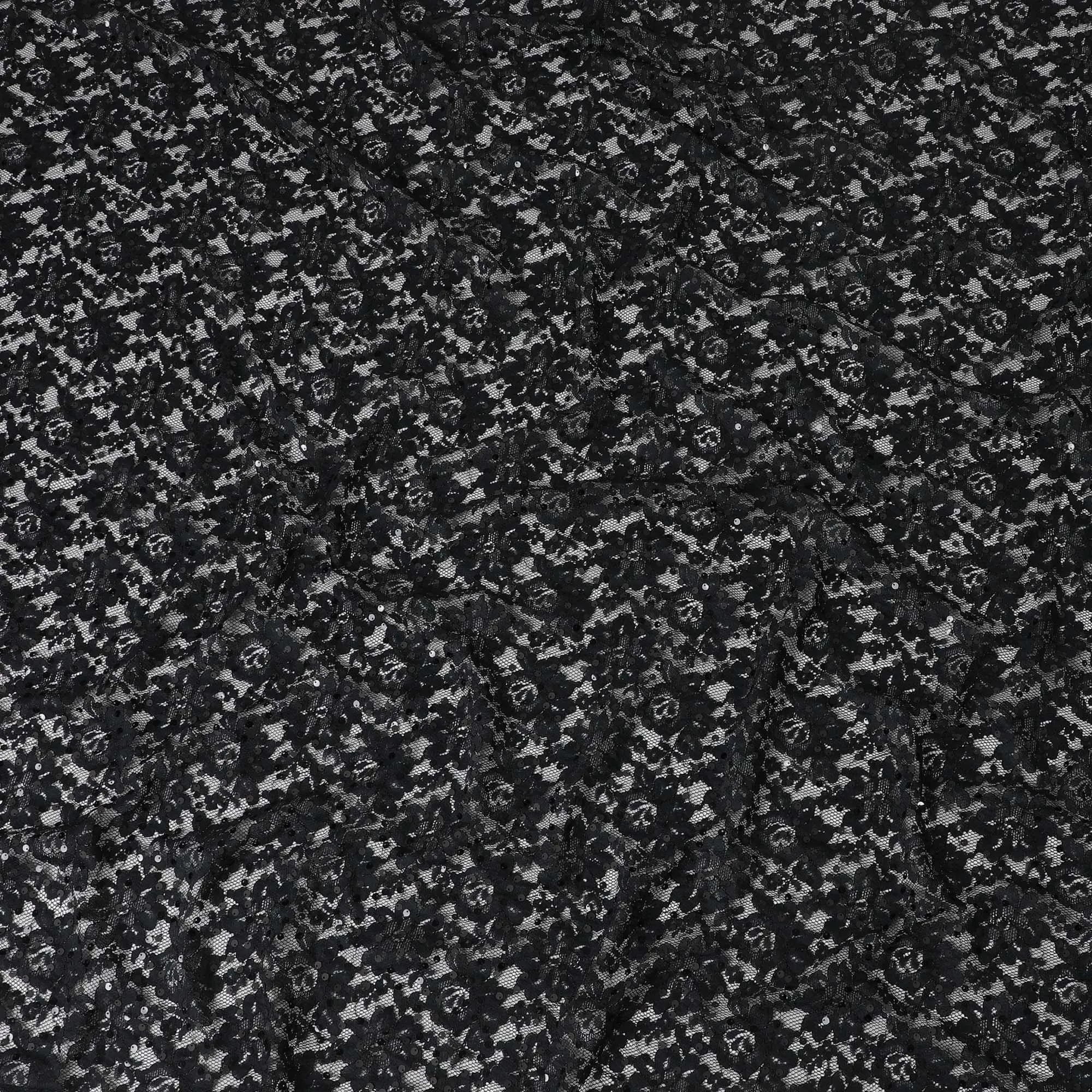 Black lace fabric with black sequins in floral design