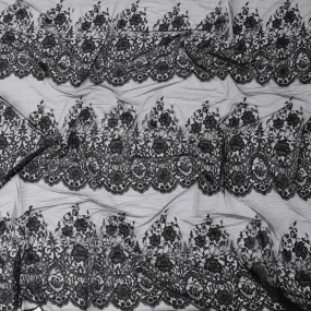 Black lace fabric with  same tone embroidery in floral design-D11749