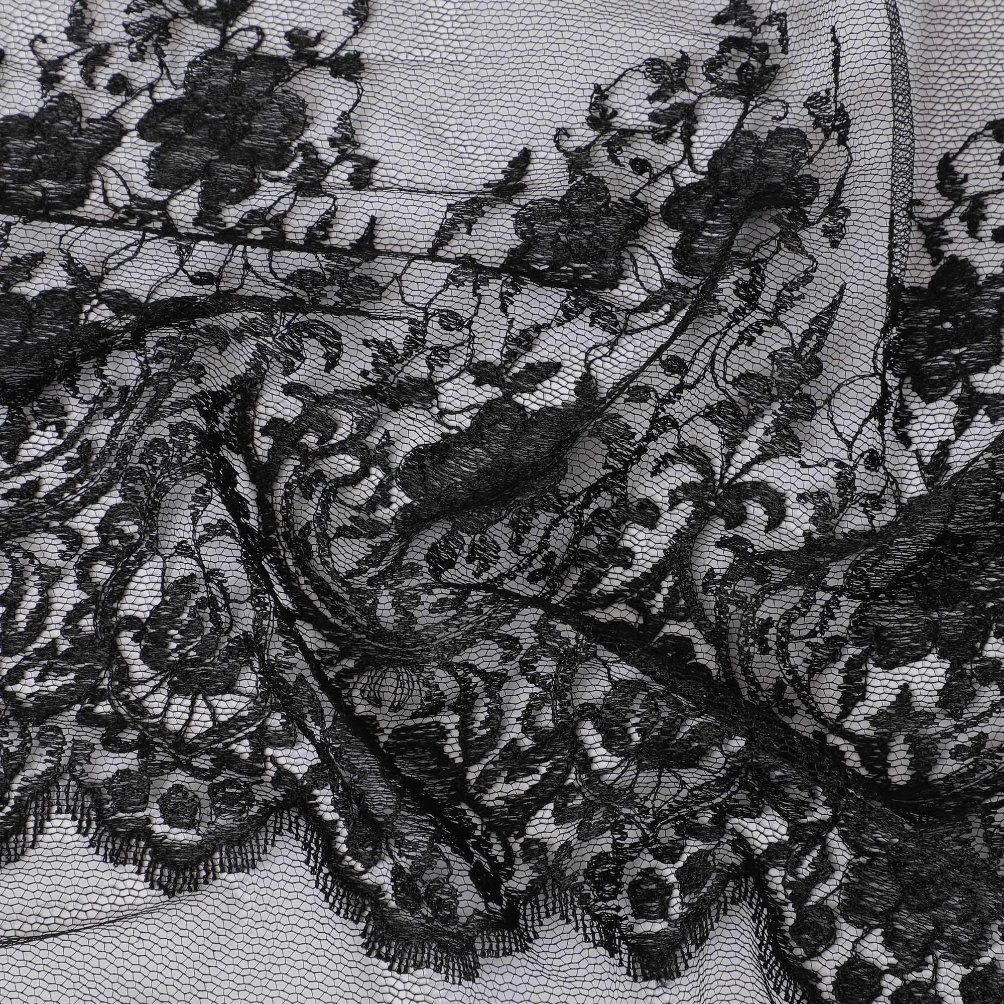 Black lace fabric with  same tone embroidery in floral design-D11749