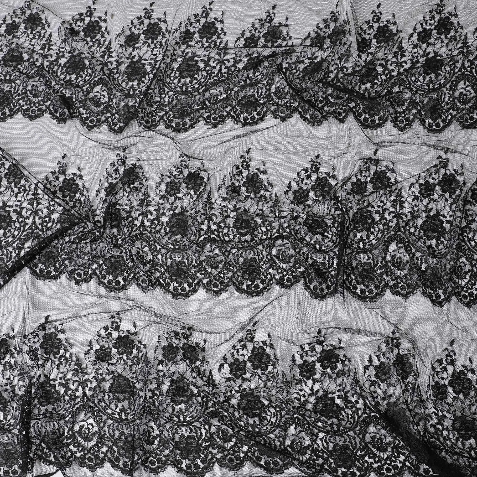 Black lace fabric with  same tone embroidery in floral design-D11749