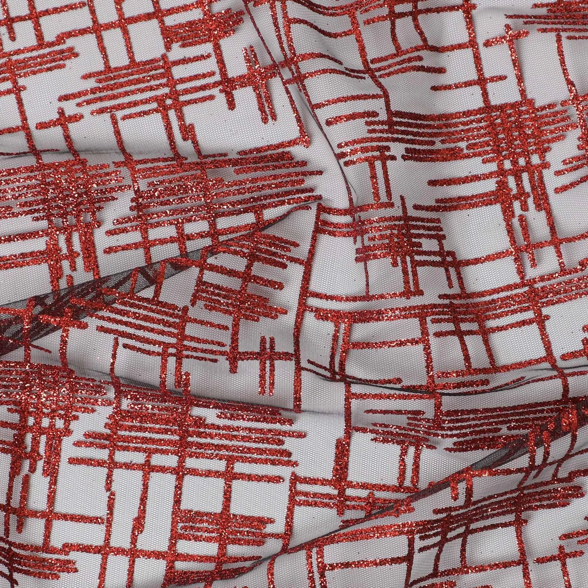 Black nylon tulle fabric with crimson red glitter in fancy design-D15402