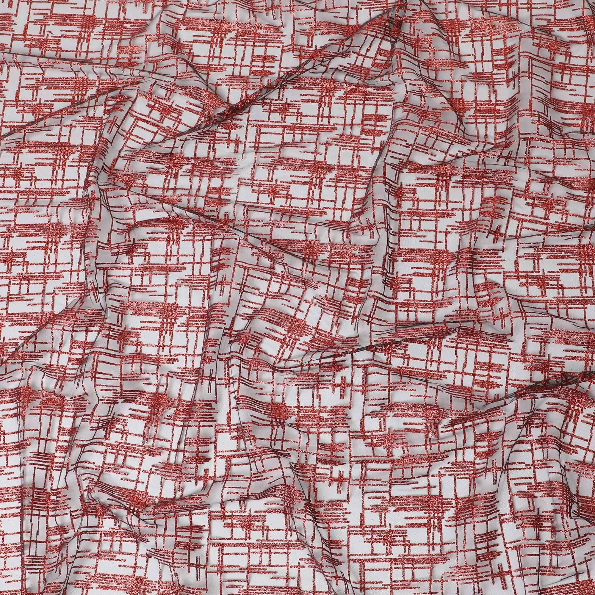 Black nylon tulle fabric with crimson red glitter in fancy design-D15402