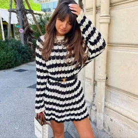 Contrast Color Round Neck Knit Dress 0901#