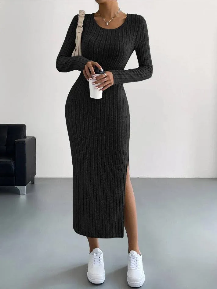 Ladies Crew Neck Ribbed Knit Midi Dress G1028