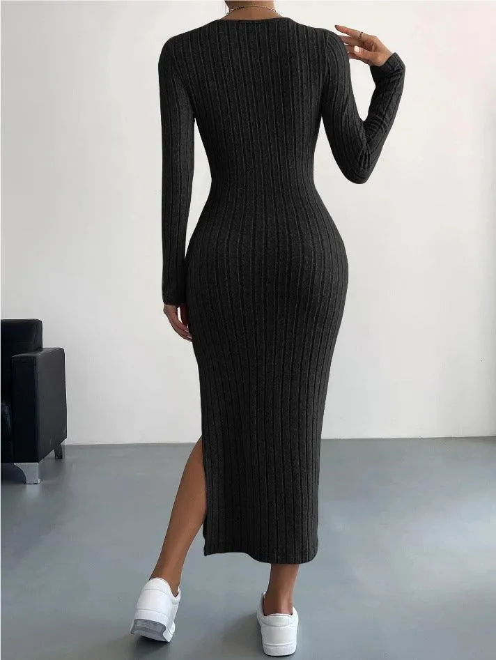 Ladies Crew Neck Ribbed Knit Midi Dress G1028