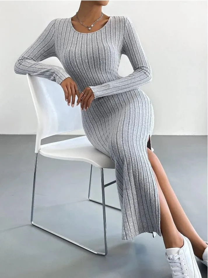 Ladies Crew Neck Ribbed Knit Midi Dress G1028
