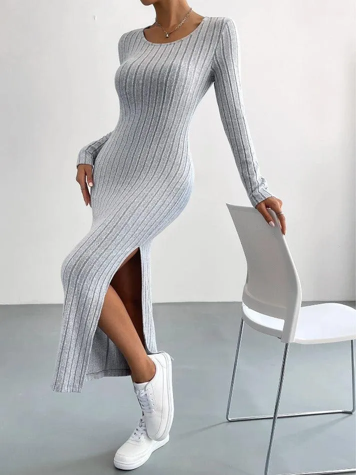 Ladies Crew Neck Ribbed Knit Midi Dress G1028