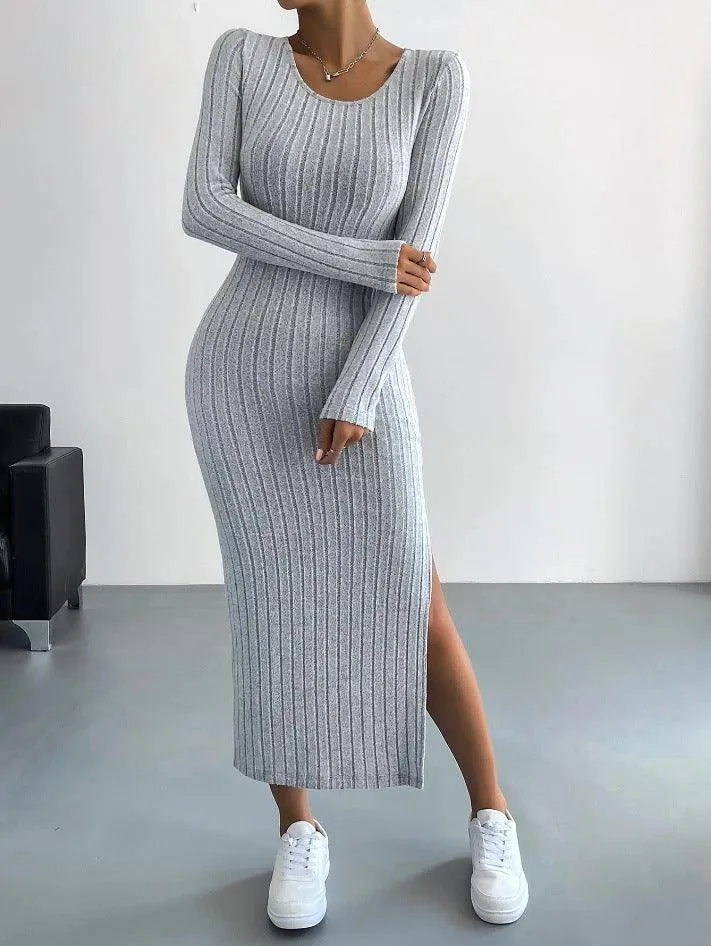 Ladies Crew Neck Ribbed Knit Midi Dress G1028