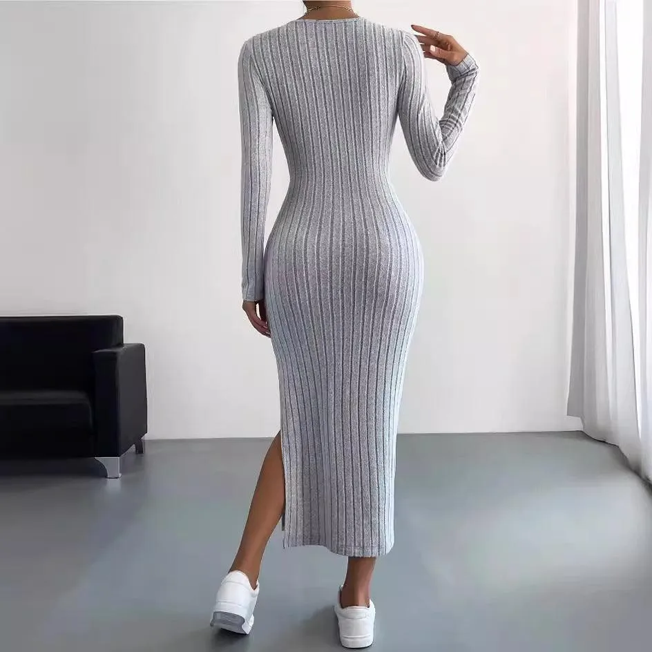 Ladies Crew Neck Ribbed Knit Midi Dress G1028