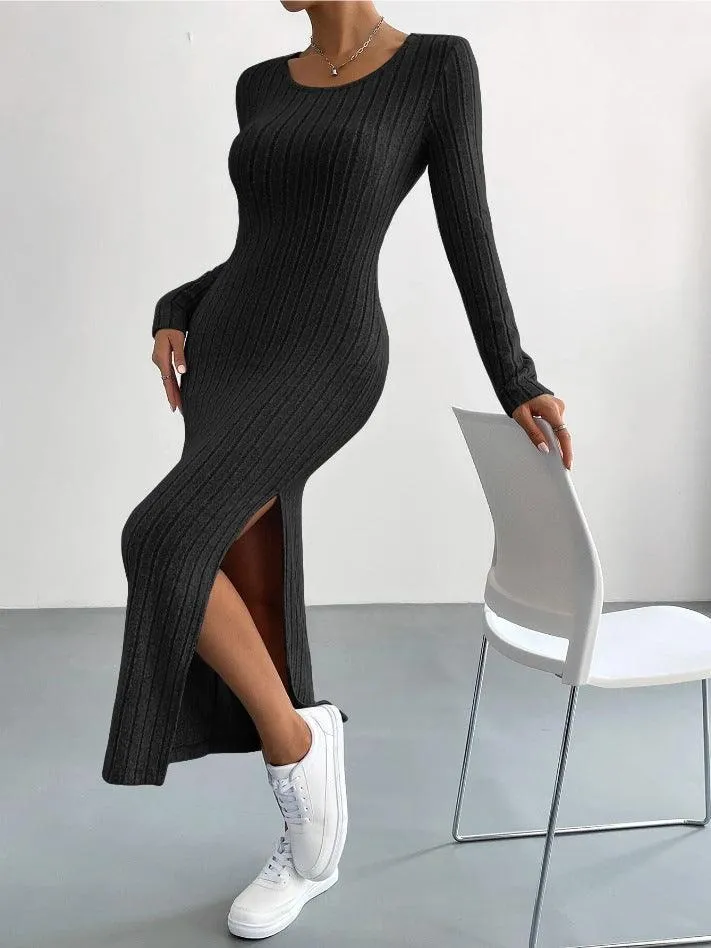 Ladies Crew Neck Ribbed Knit Midi Dress G1028
