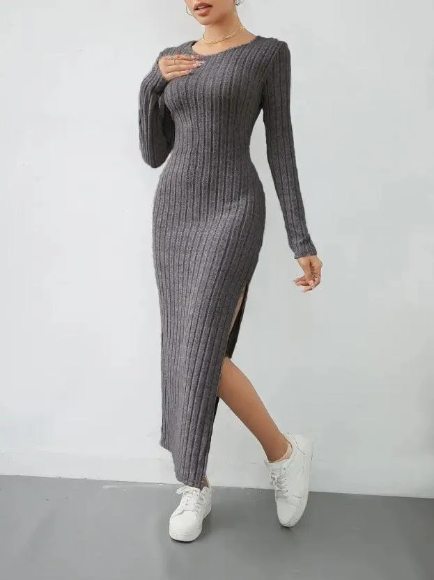 Ladies Crew Neck Ribbed Knit Midi Dress G1028