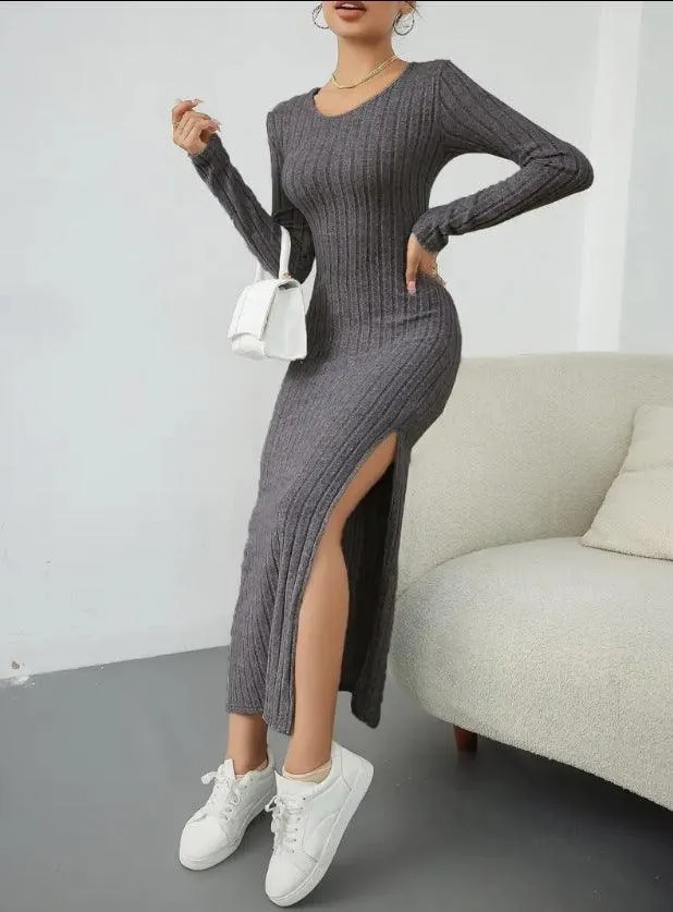 Ladies Crew Neck Ribbed Knit Midi Dress G1028
