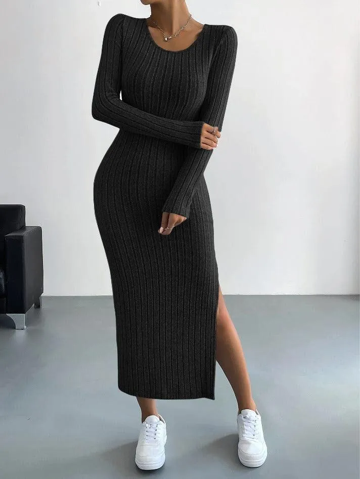 Ladies Crew Neck Ribbed Knit Midi Dress G1028