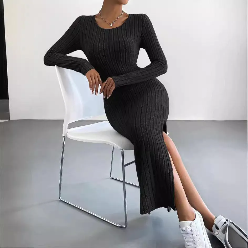 Ladies Crew Neck Ribbed Knit Midi Dress G1028