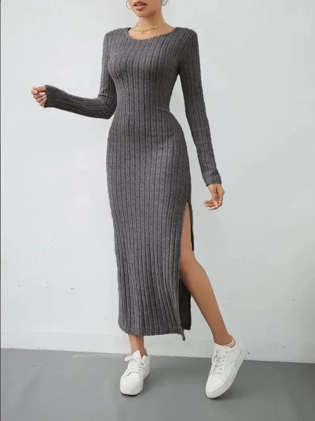 Ladies Crew Neck Ribbed Knit Midi Dress G1028