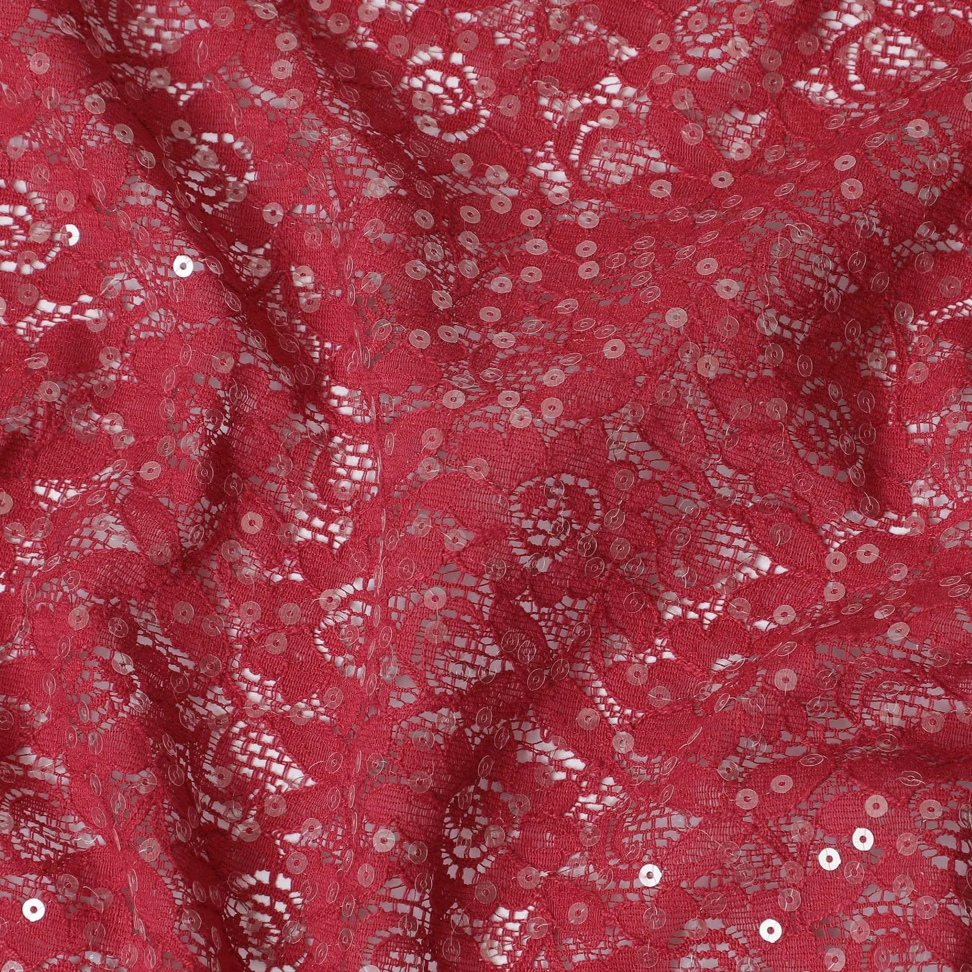 Maroon nylon soft tulle fabric with same tone embroidery having sequins in fancy design-D11675