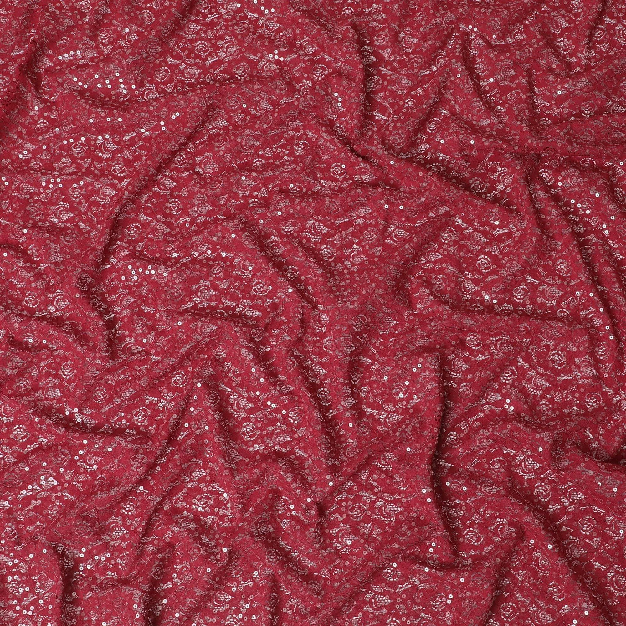 Maroon nylon soft tulle fabric with same tone embroidery having sequins in fancy design-D11675