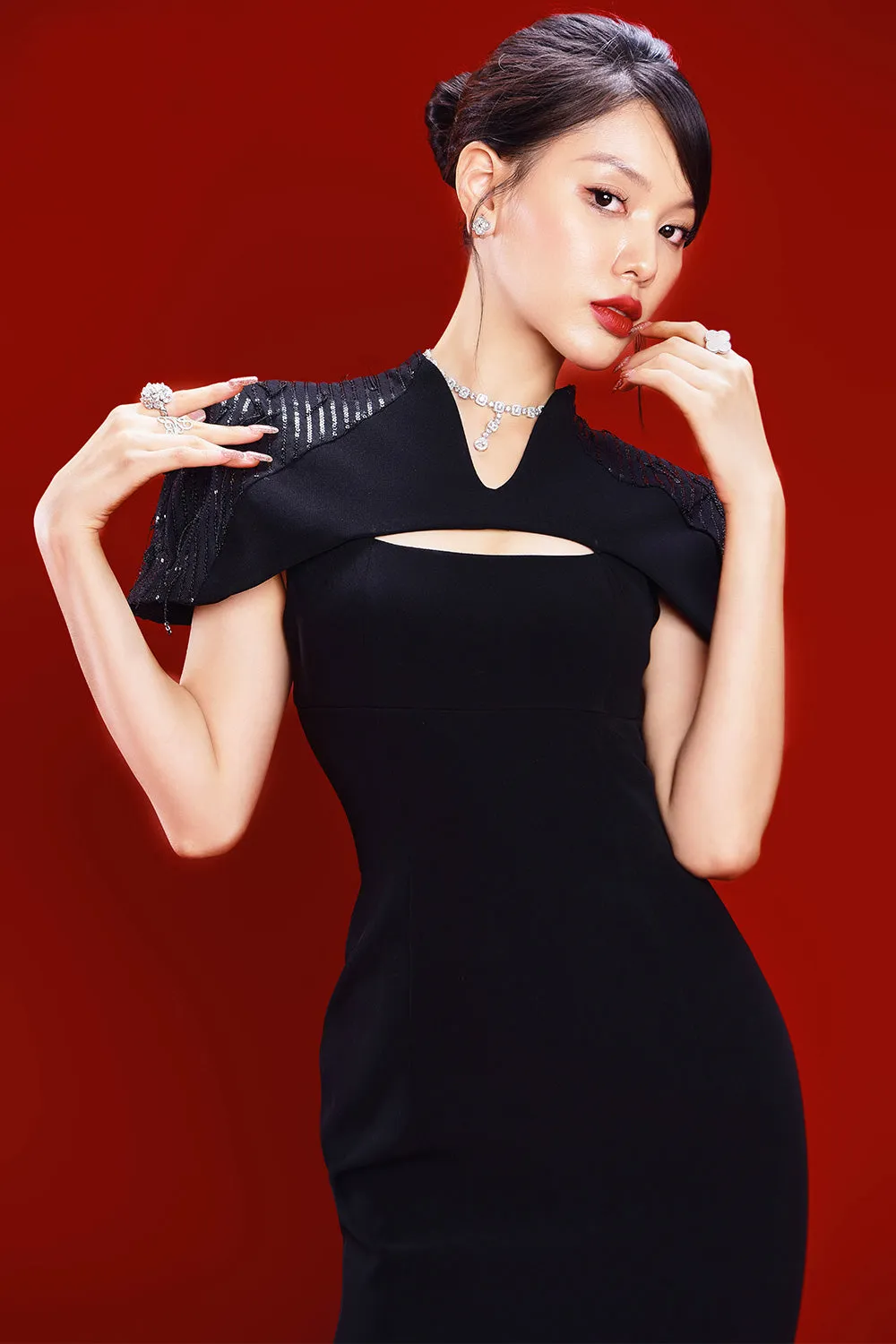 Natalia Sheath Cape Shoulder Raw Fabric Ankle Length Dress