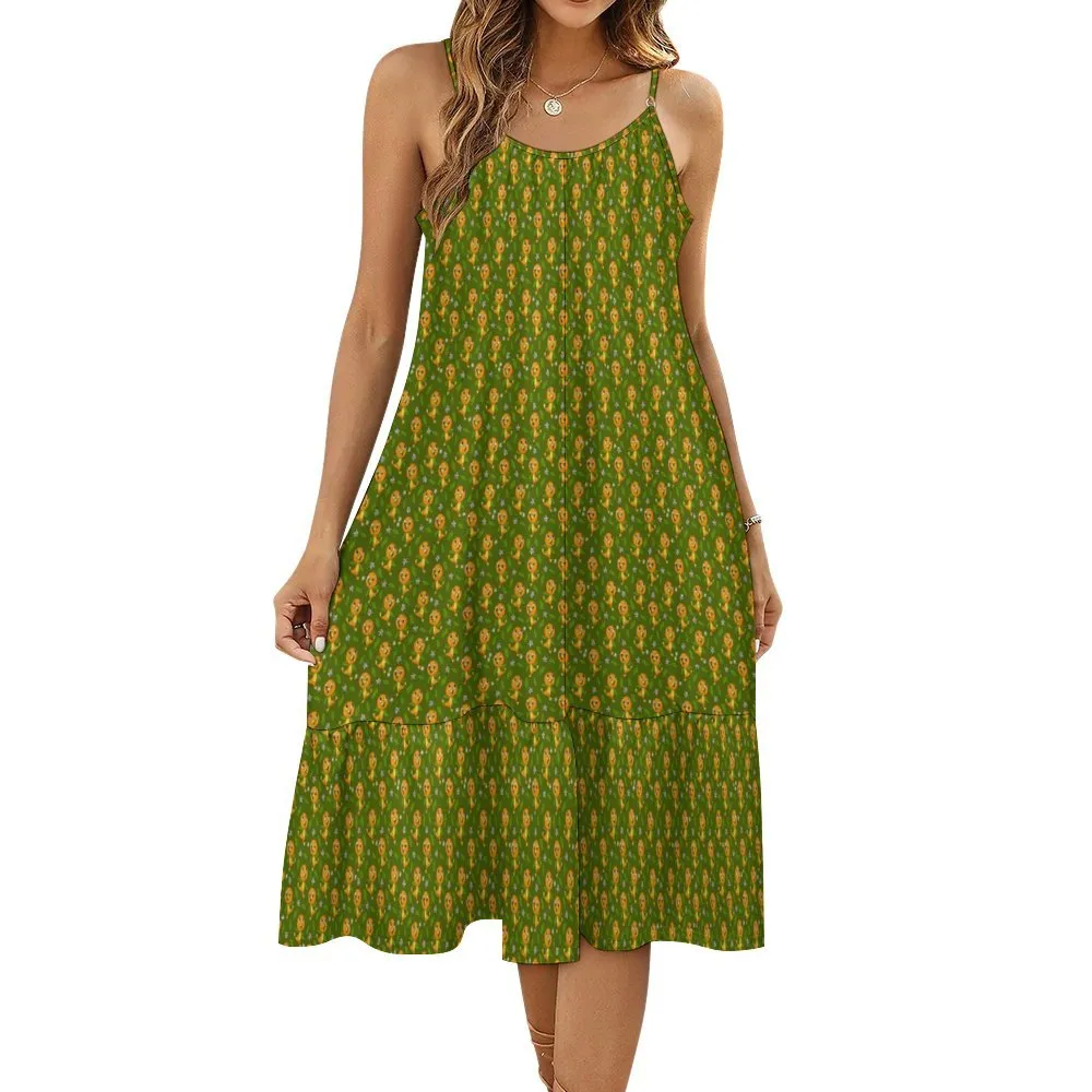 Orange Bird Suspender Sleeveless Dress
