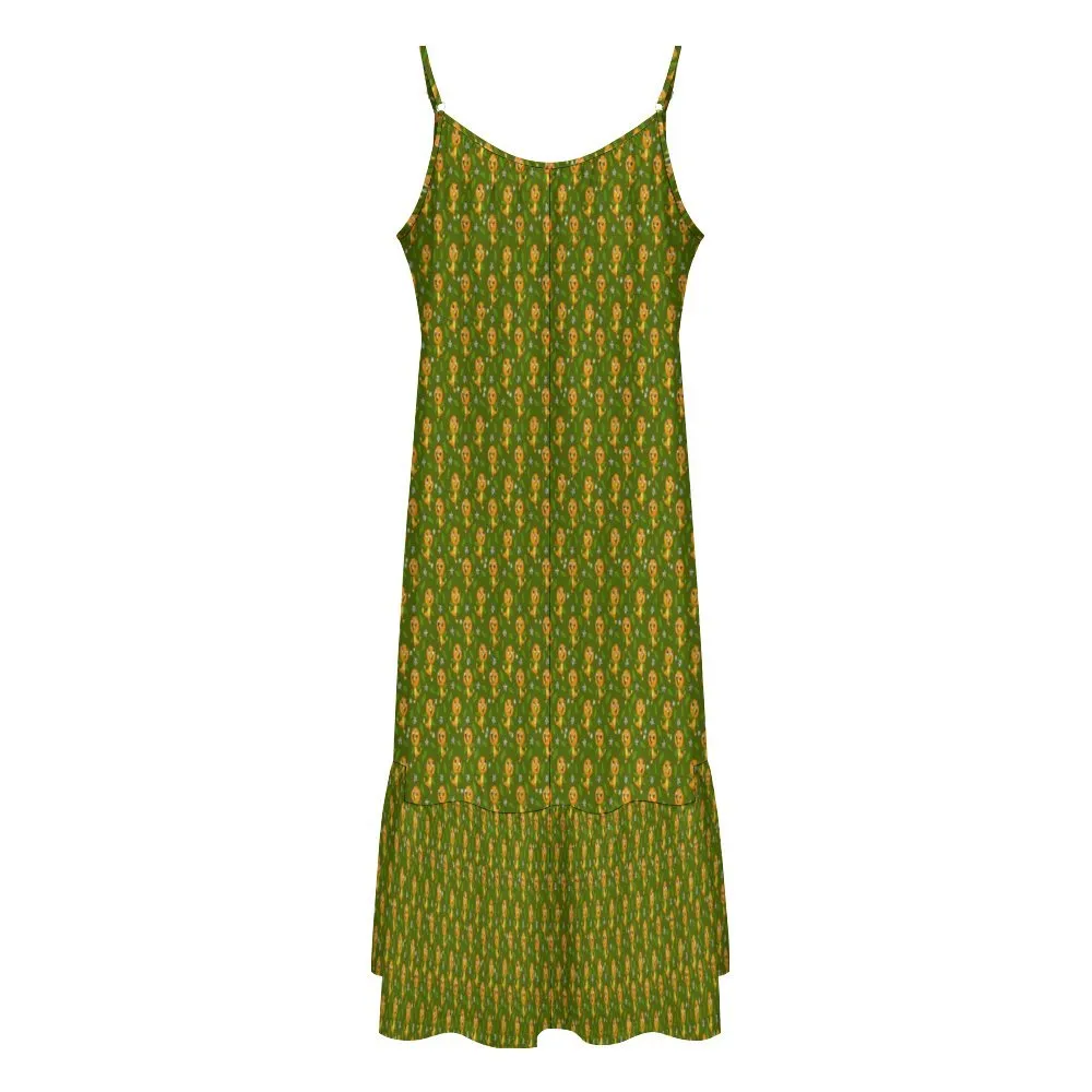 Orange Bird Suspender Sleeveless Dress
