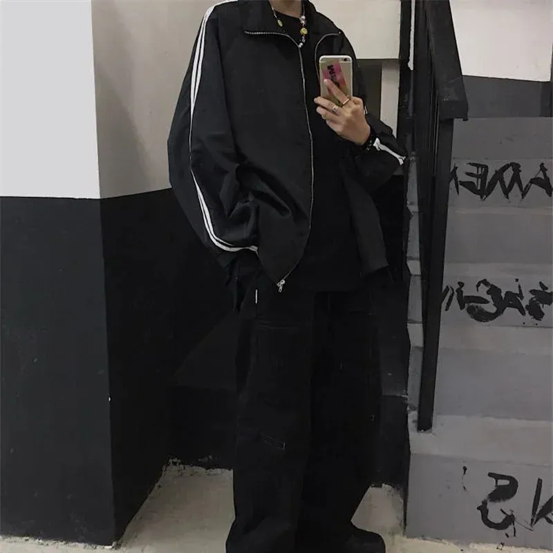 Oversized Zipper Jacket With Sporty Stripes