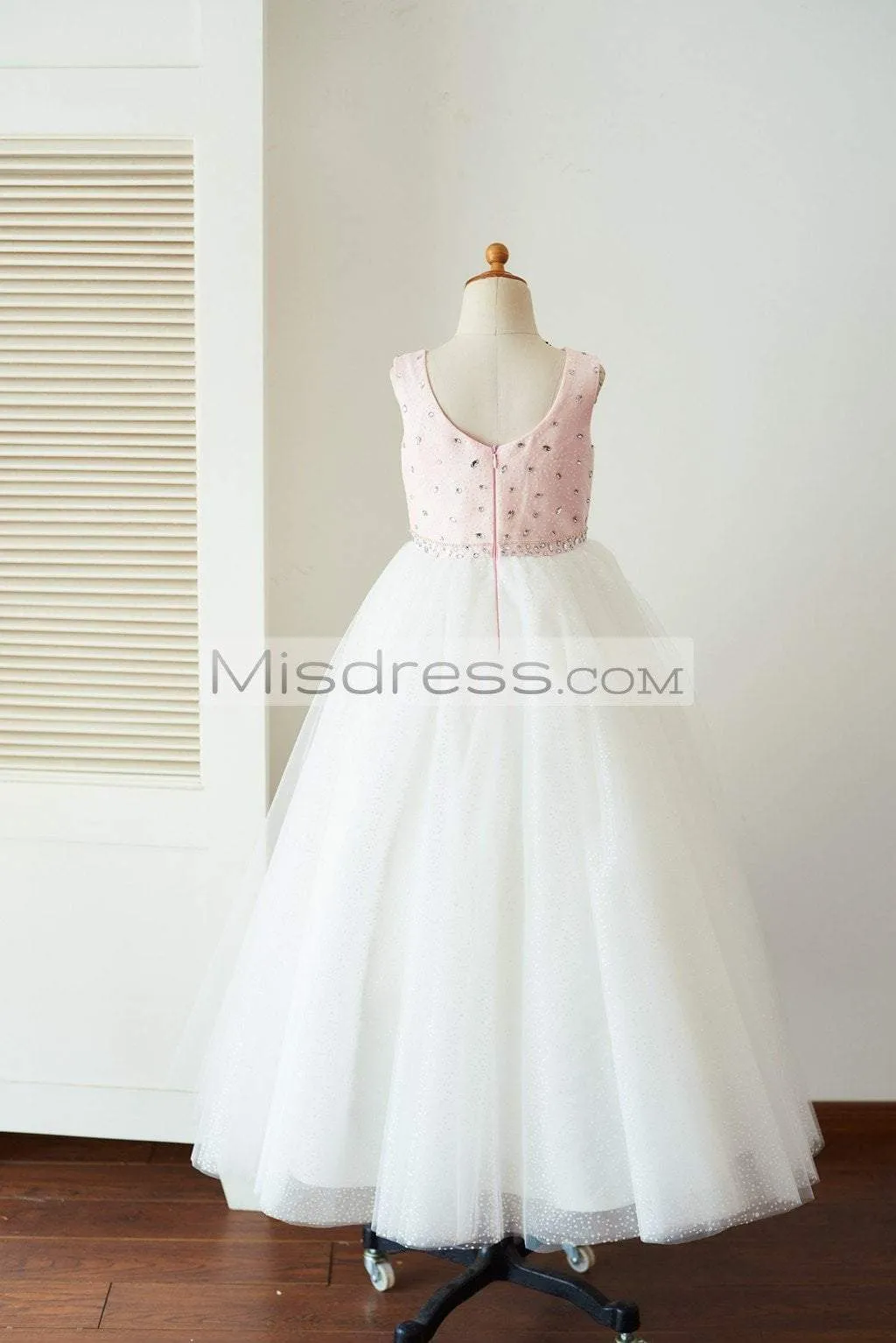 Pink Satin Ivory Glittering Dot Tulle Beaded Flower Girl Dress, Cape