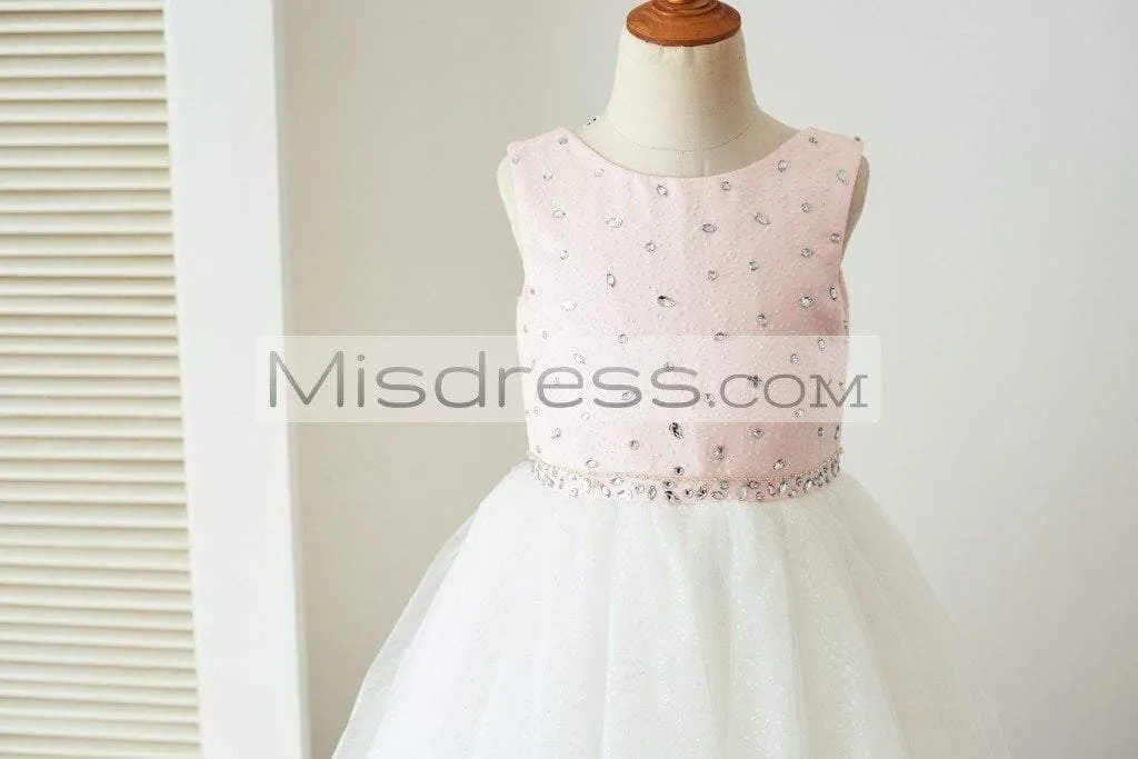 Pink Satin Ivory Glittering Dot Tulle Beaded Flower Girl Dress, Cape
