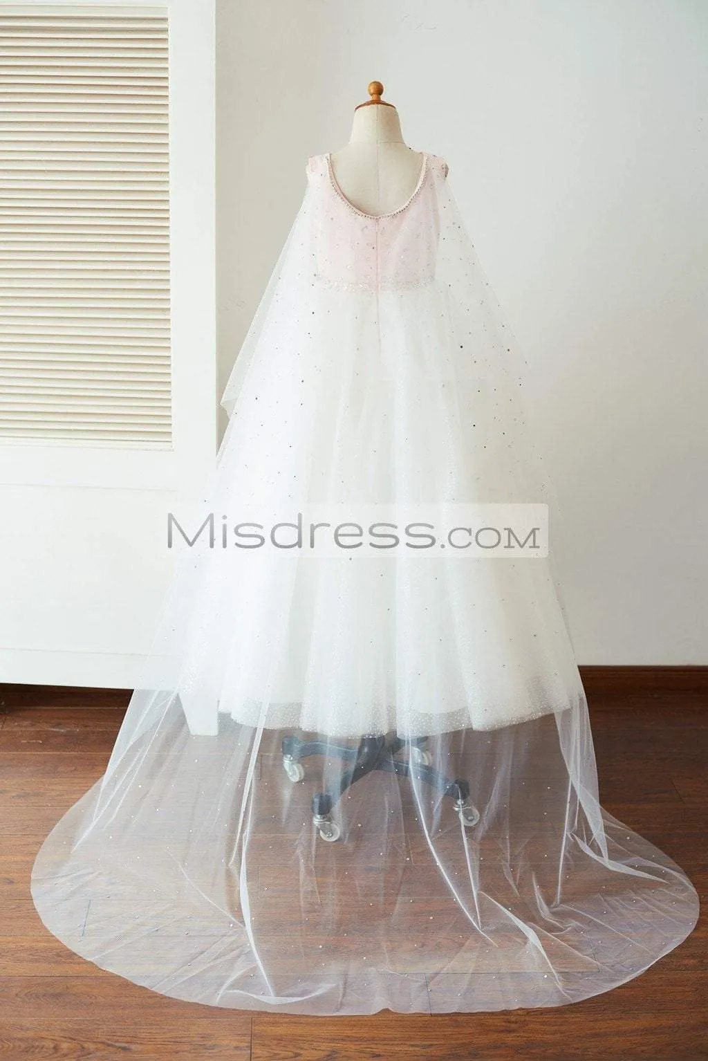 Pink Satin Ivory Glittering Dot Tulle Beaded Flower Girl Dress, Cape