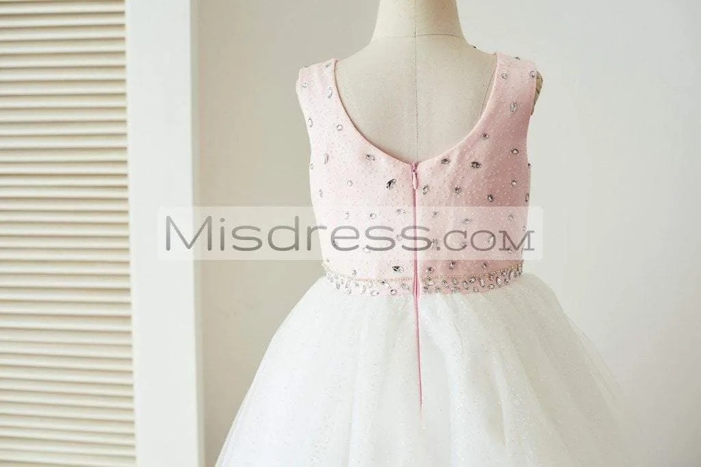 Pink Satin Ivory Glittering Dot Tulle Beaded Flower Girl Dress, Cape